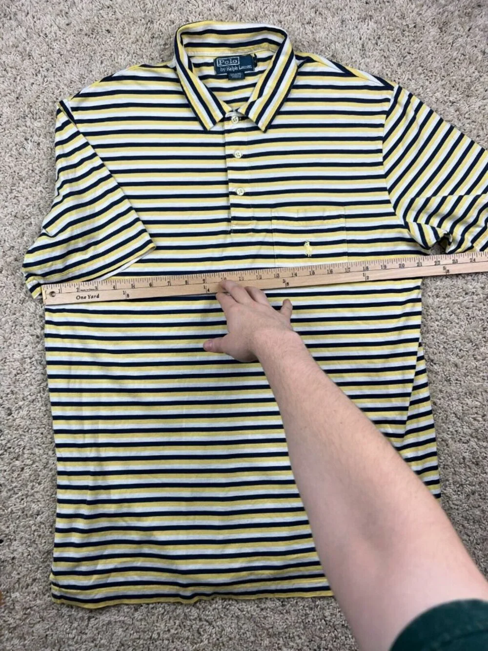 Polo Ralph Lauren Polo Shirt Large Yellow White Navy Blue Striped Yellow Pony